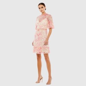 NWT Mac Duggal Pink Flounce Sleeve Floral Embellished Dress
